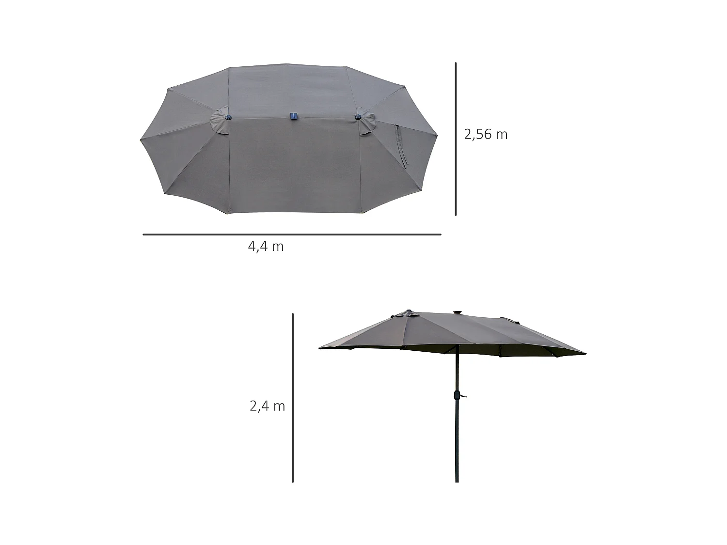 Sonnenschirm 440 x 260 cm mit LED-Beleuchtung, Doppelschirm mit Kurbel, ovaler Terrassenschirm