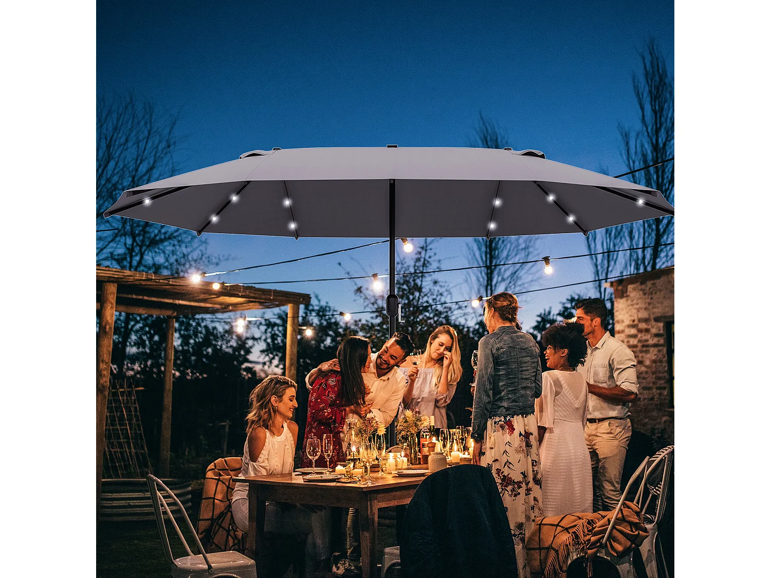 Sombrilla de 440 x 260 cm con iluminación LED, sombrilla doble con manivela, sombrilla ovalada para patio