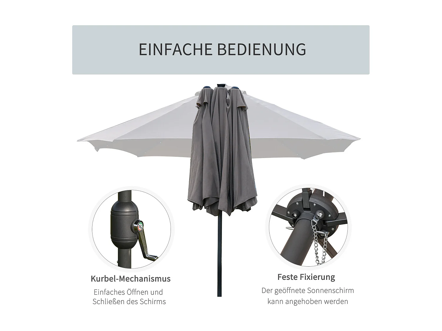 Sombrilla de 440 x 260 cm con iluminación LED, sombrilla doble con manivela, sombrilla ovalada para patio