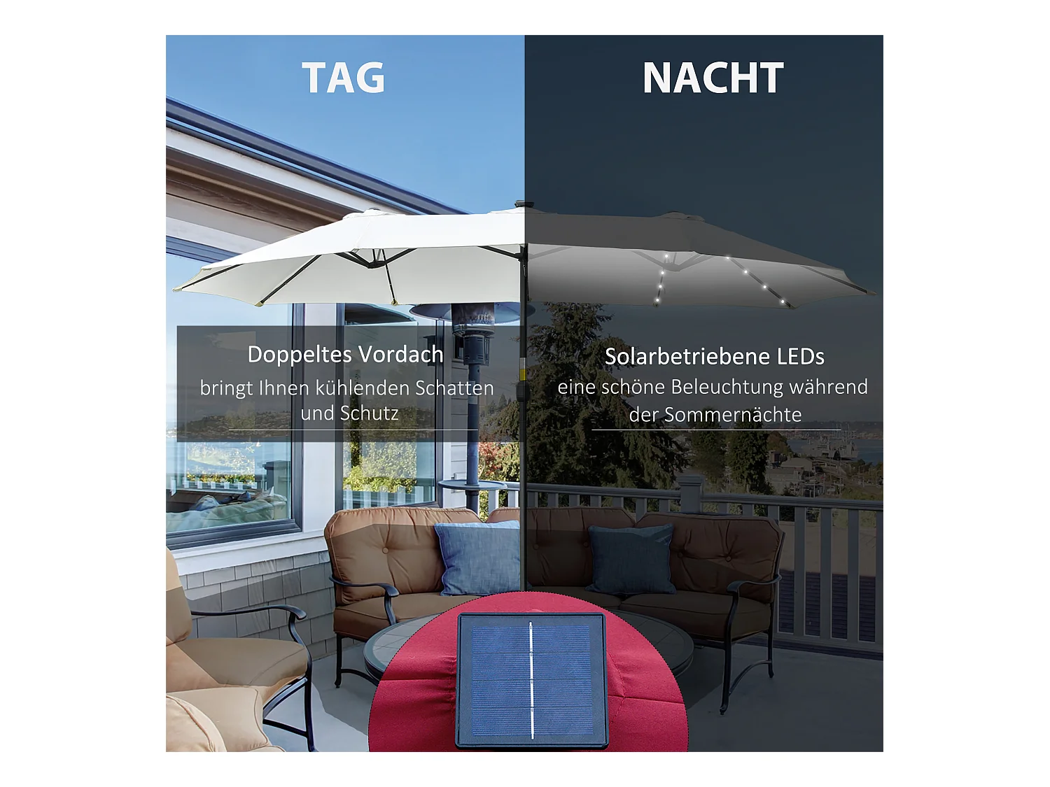 Sombrilla doble con panel solar LED, 4,5 m, para jardín y terraza.