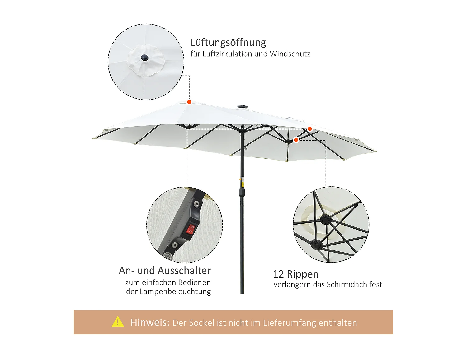 Sombrilla doble con panel solar LED, 4,5 m, para jardín y terraza.
