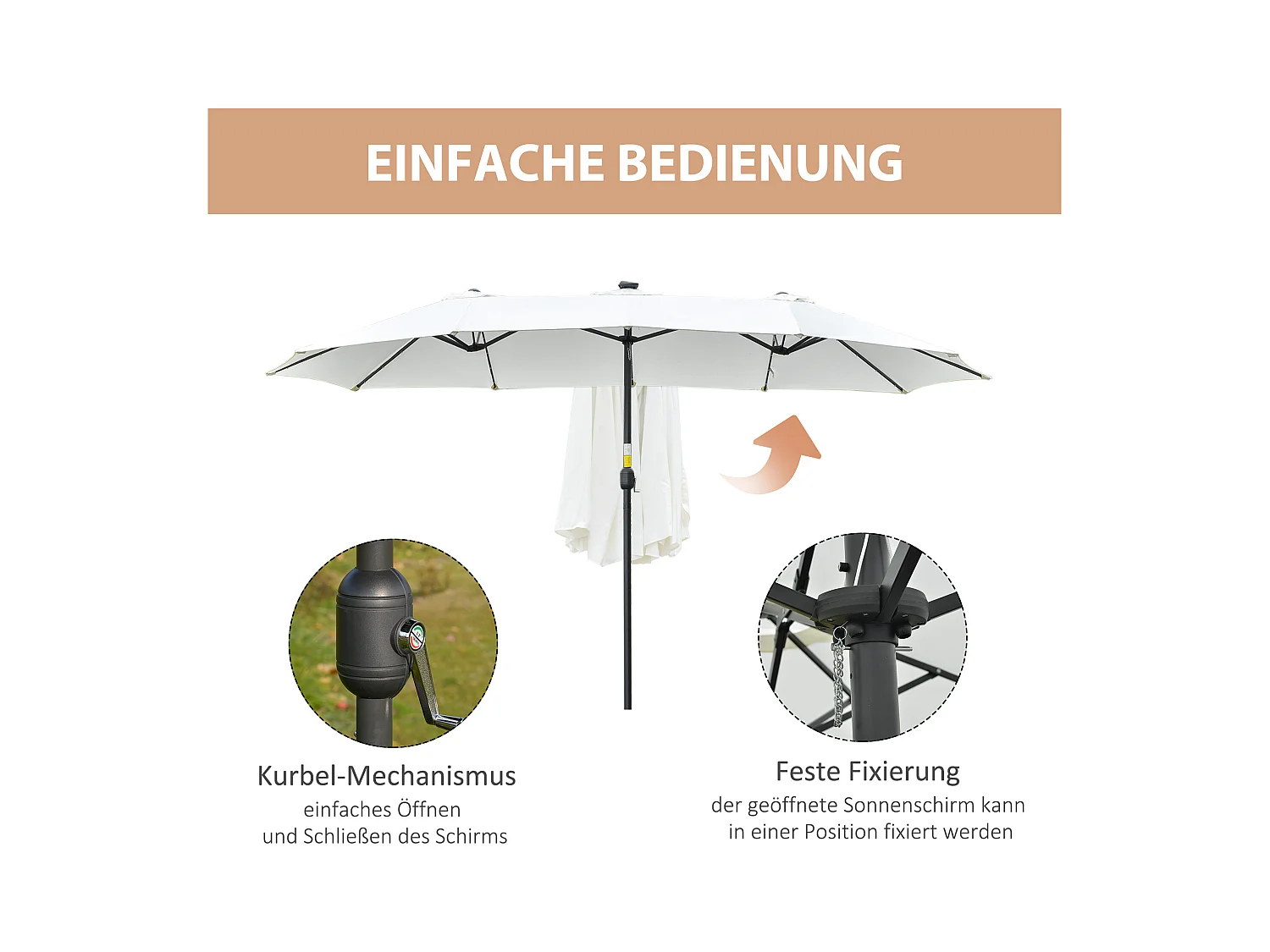 Sombrilla doble con panel solar LED, 4,5 m, para jardín y terraza.