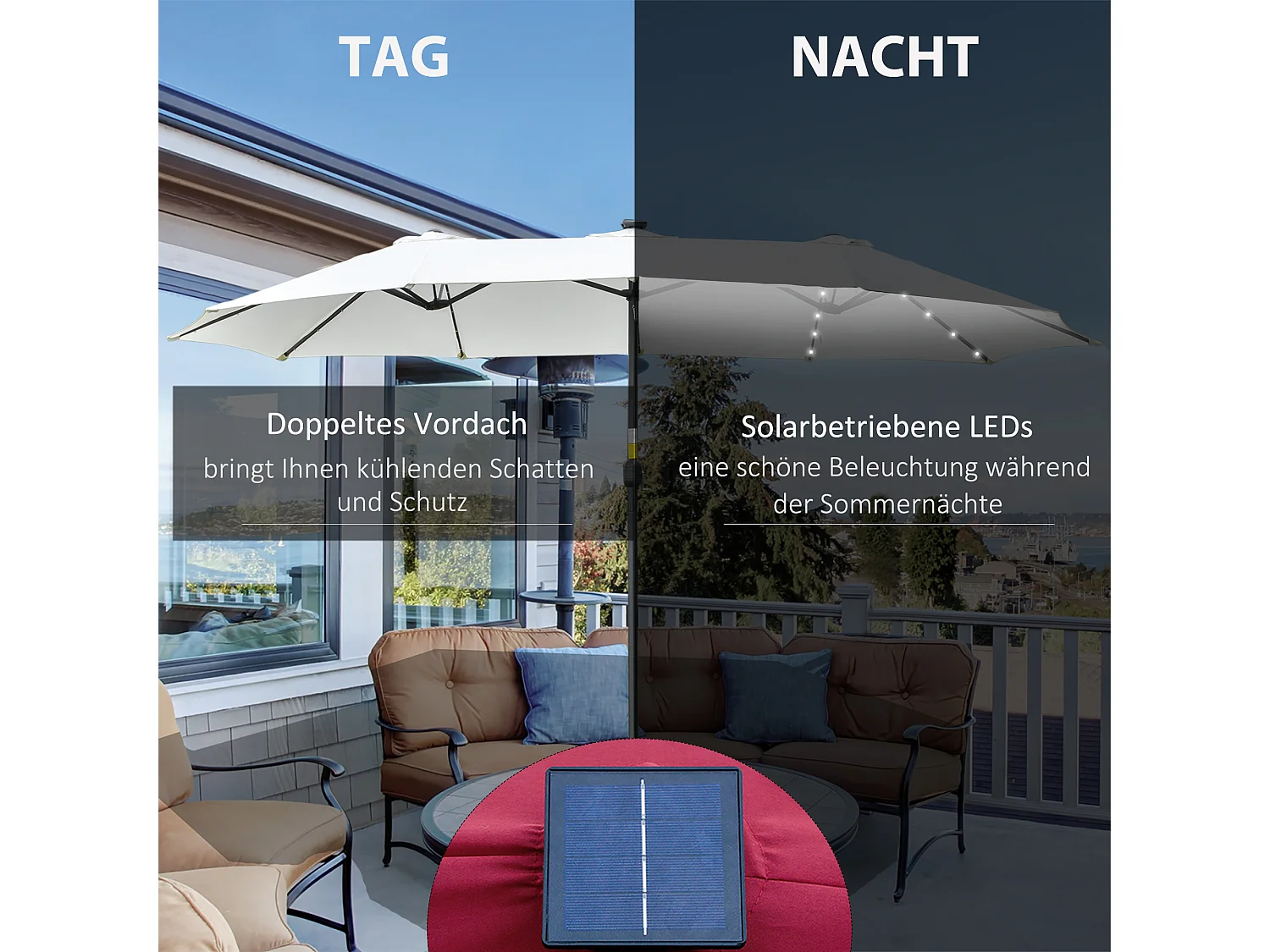 Sombrilla doble con panel solar LED, 4,5 m, para jardín y terraza.