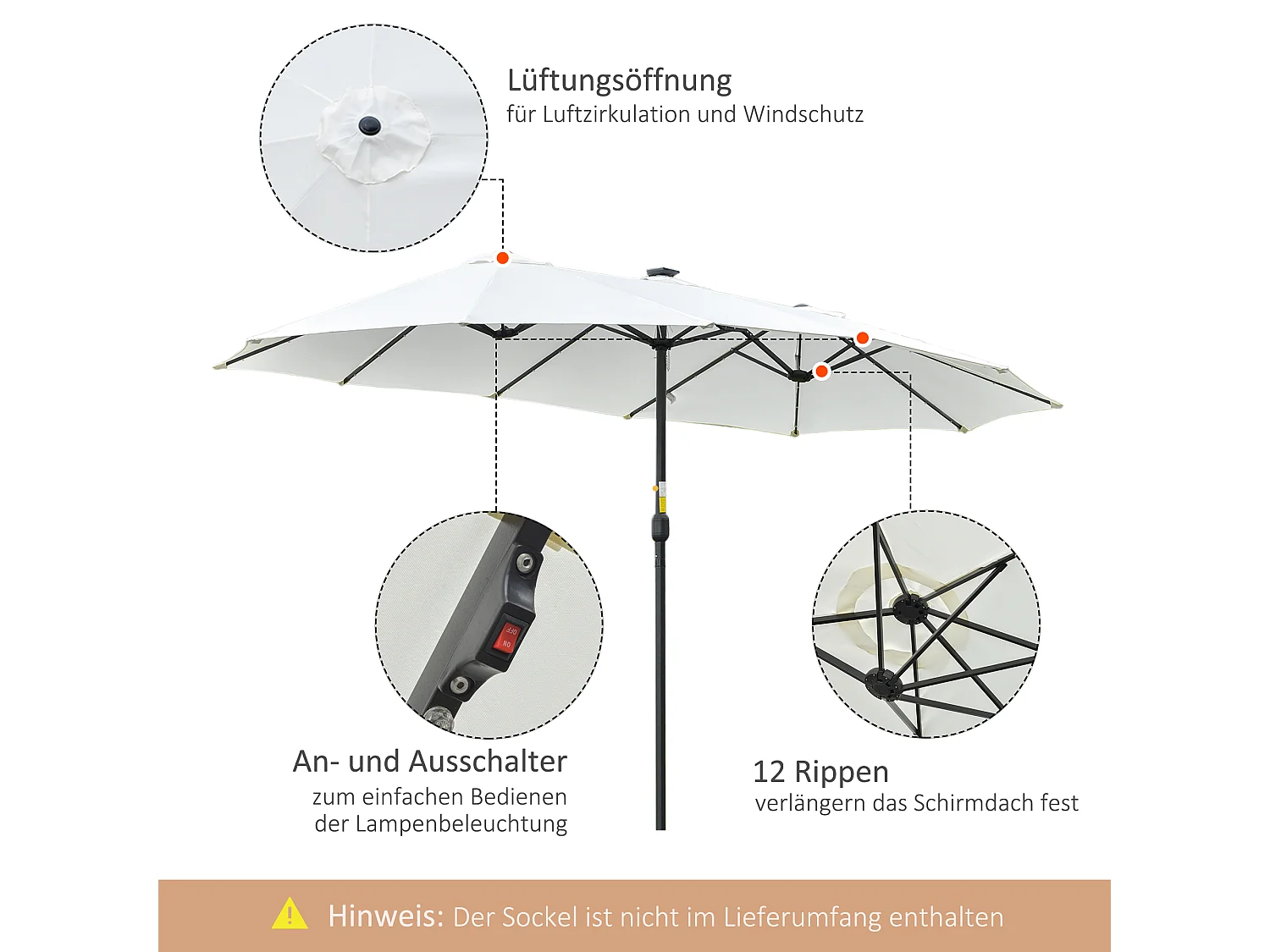 Sombrilla doble con panel solar LED, 4,5 m, para jardín y terraza.