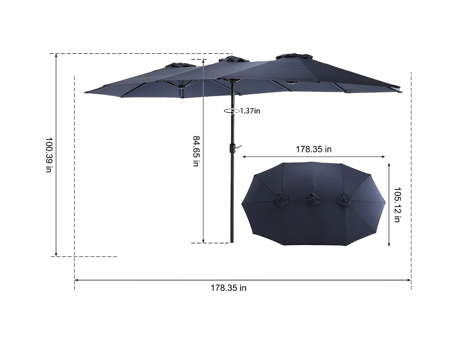 Parasol rectangulaire double face avec manivelle,grand format,4,5 m  (sans socle)
