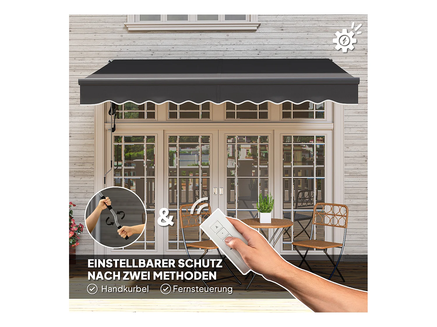 Kurbelmarkise, elektrisch höhenverstellbar, Gelenkarmmarkise