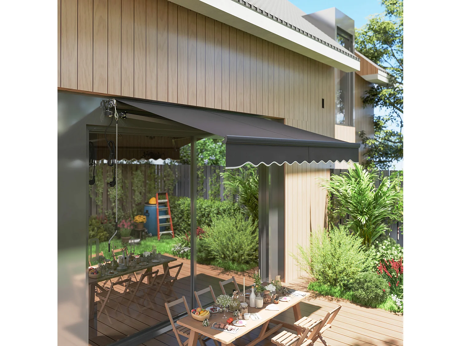 Slingerzonnescherm, elektrisch in hoogte verstelbaar, knikarmzonnescherm