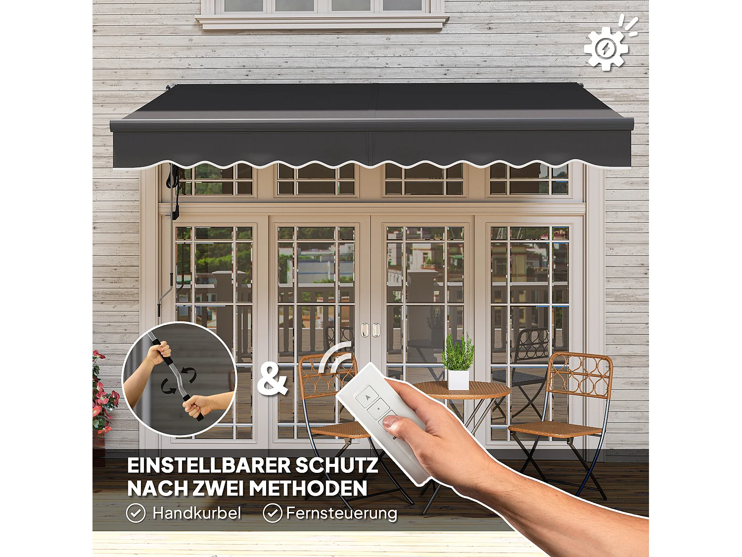 Slingerzonnescherm, elektrisch in hoogte verstelbaar, knikarmzonnescherm