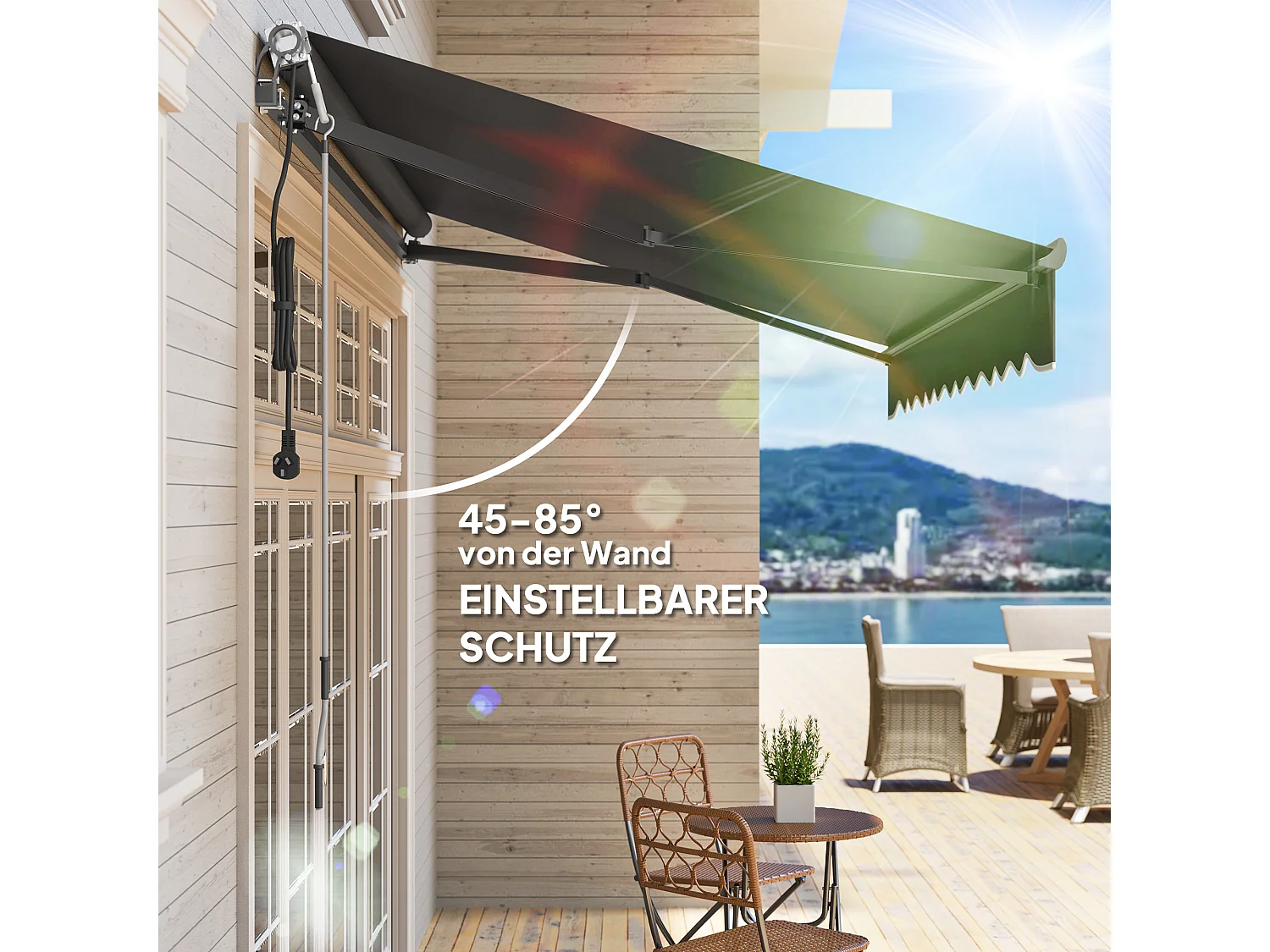 Slingerzonnescherm, elektrisch in hoogte verstelbaar, knikarmzonnescherm