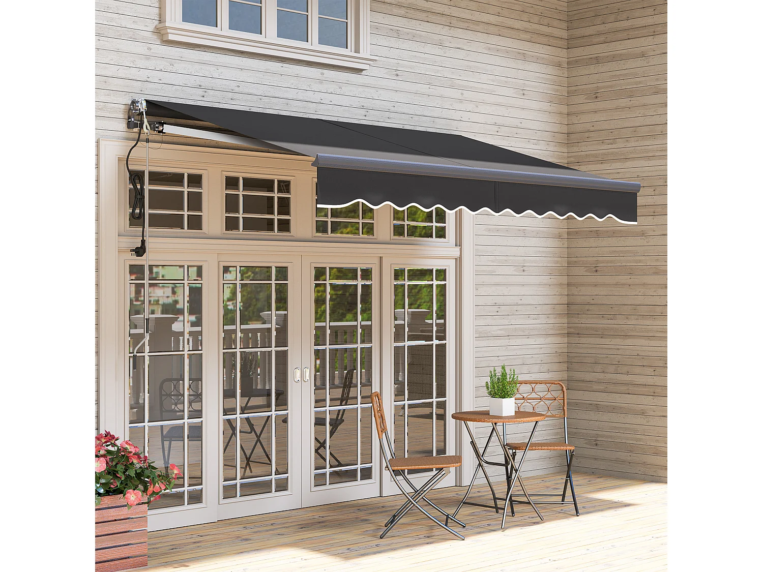 Slingerzonnescherm, elektrisch in hoogte verstelbaar, knikarmzonnescherm