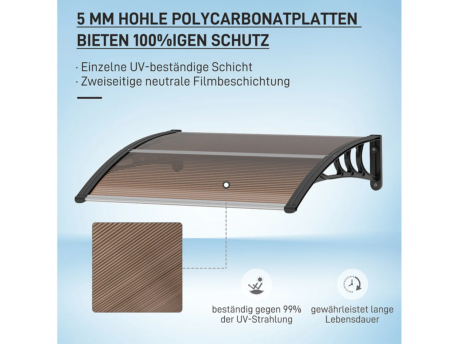 Vordach Haustür  Überdachung Pultvordach aus Polycarbonat, Wetterfest, Braun, 75x100cm