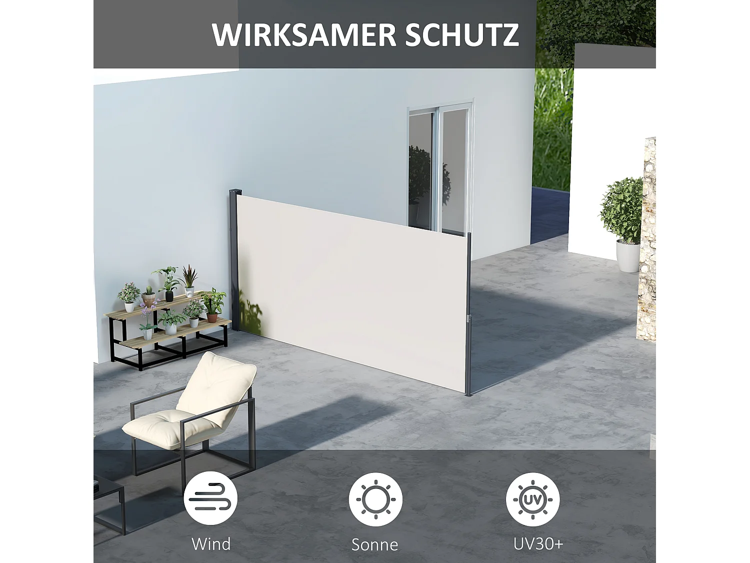 Toldo lateral extensível 300 x 140 cm, toldo de jardim, tela de privacidade com proteção UV