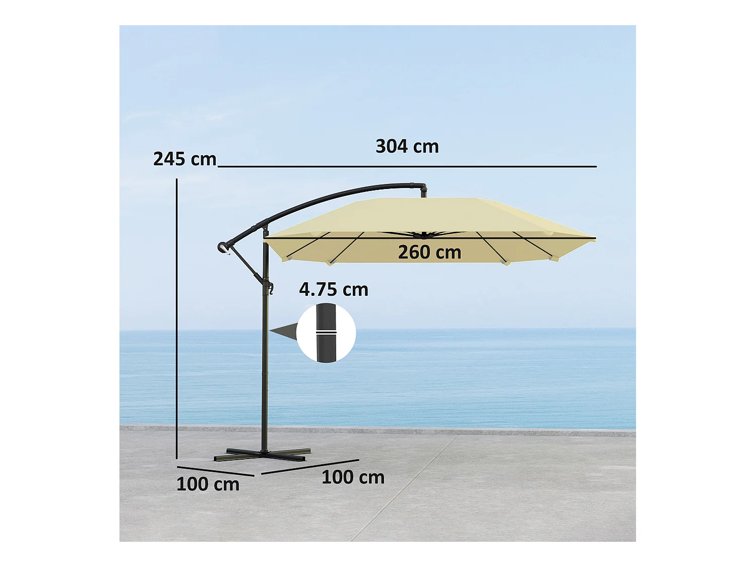 Sombrilla voladiza de aluminio de Ø 260 cm, impermeable, con manivela y base