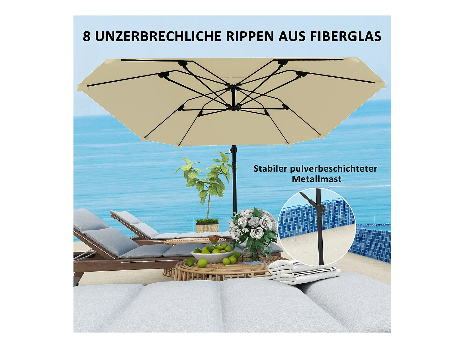 Sombrilla voladiza de aluminio de Ø 260 cm, impermeable, con manivela y base