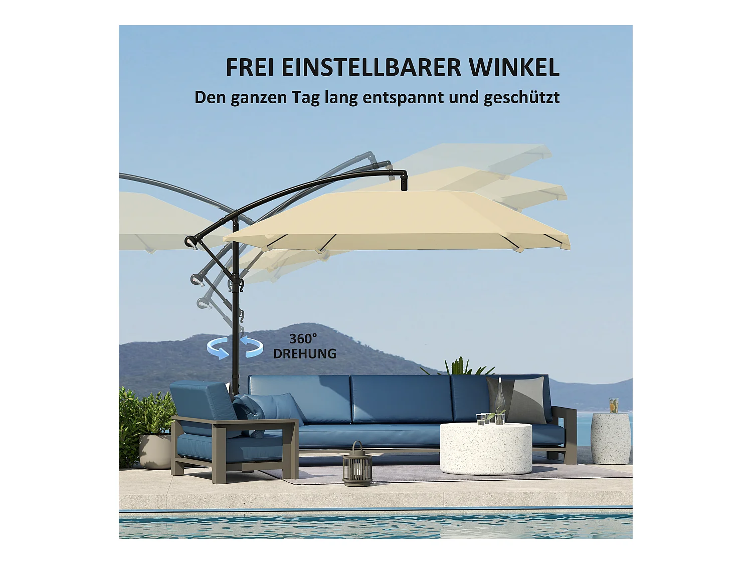 Sombrilla voladiza de aluminio de Ø 260 cm, impermeable, con manivela y base