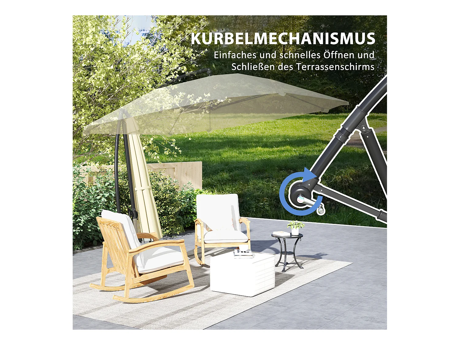 Sombrilla voladiza de aluminio de Ø 260 cm, impermeable, con manivela y base