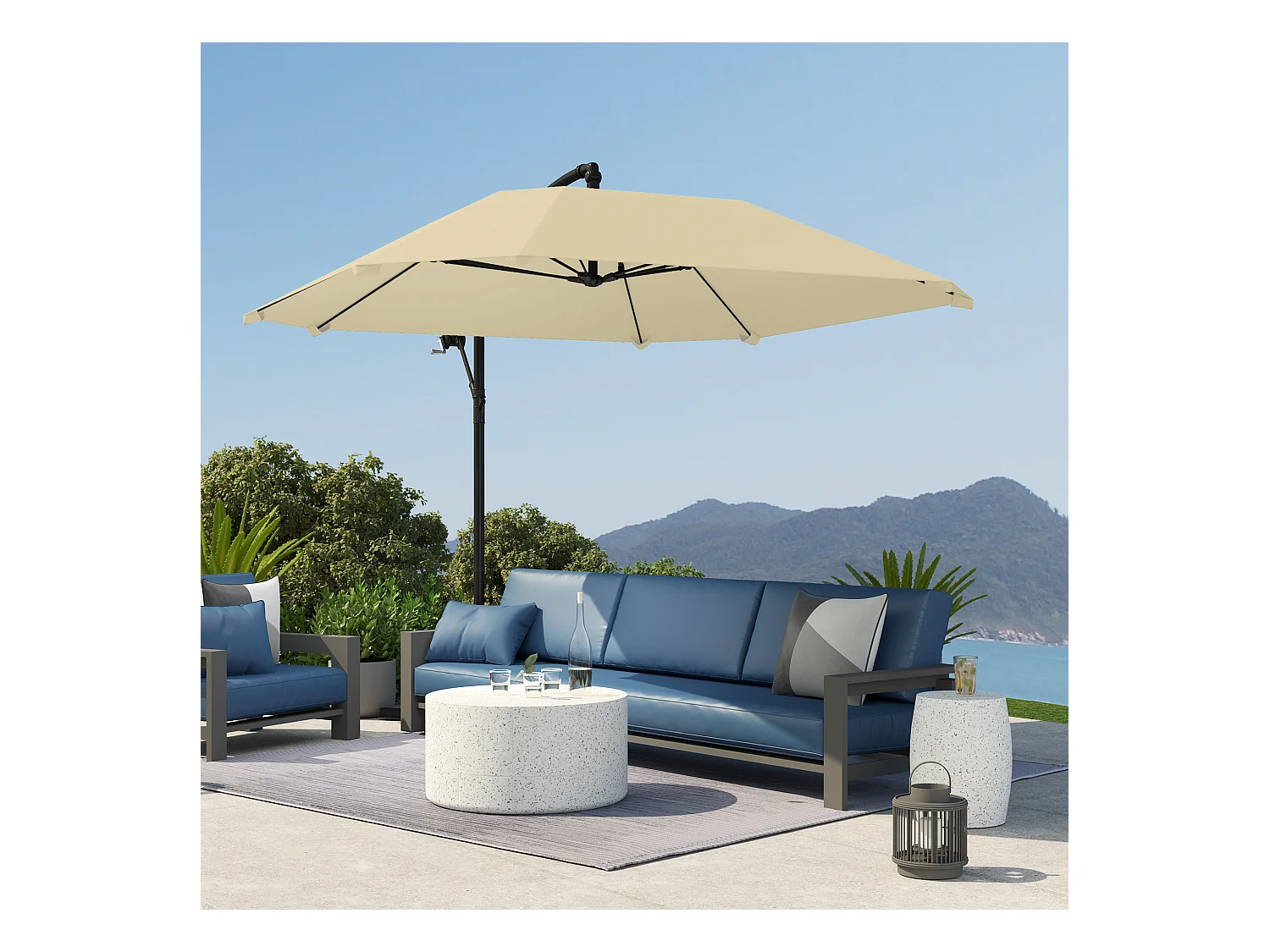 Sombrilla voladiza de aluminio de Ø 260 cm, impermeable, con manivela y base