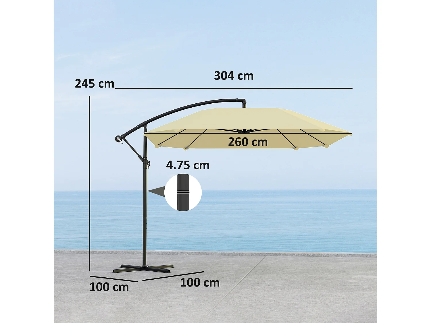 Sombrilla voladiza de aluminio de Ø 260 cm, impermeable, con manivela y base