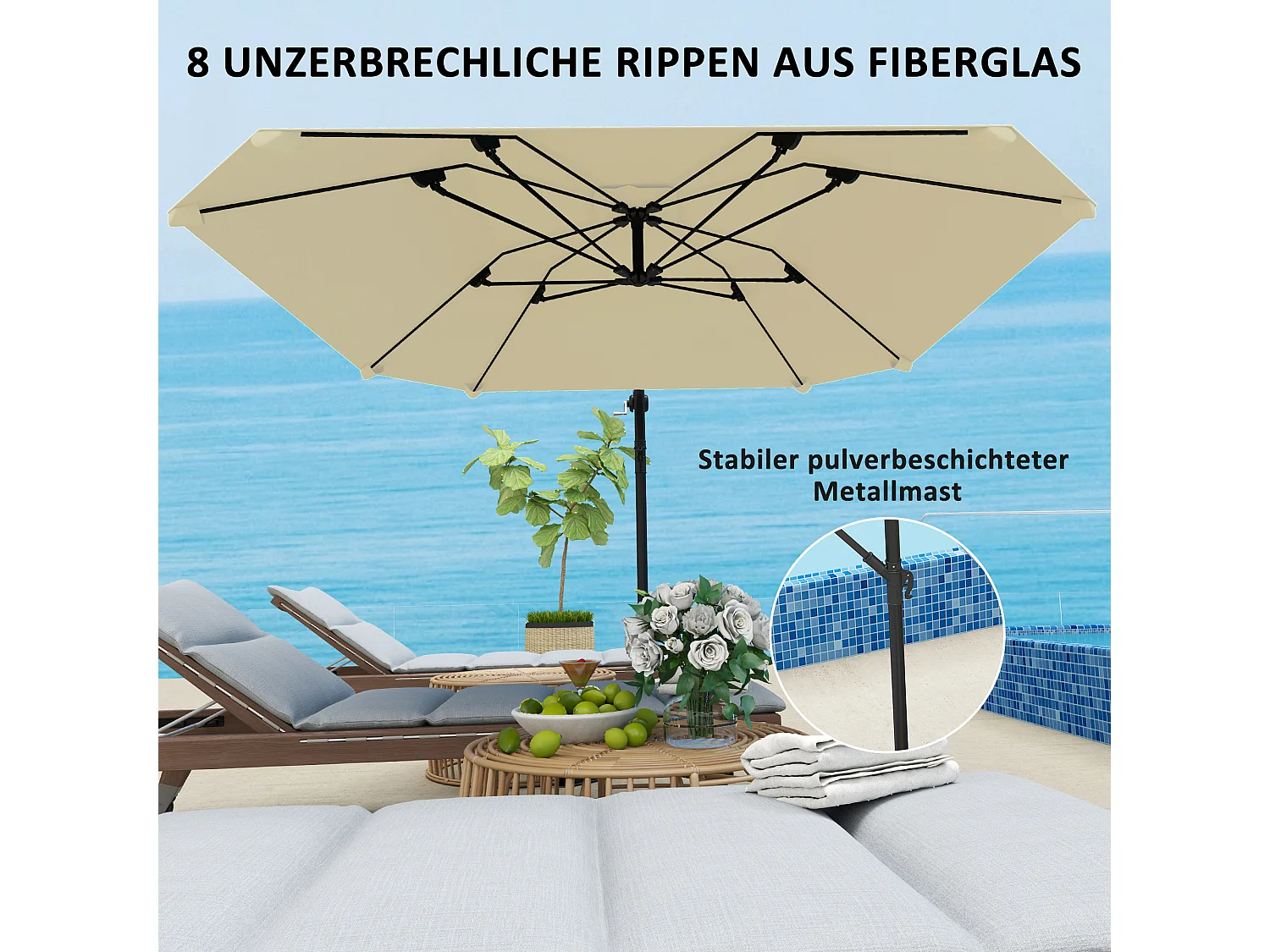 Sombrilla voladiza de aluminio de Ø 260 cm, impermeable, con manivela y base