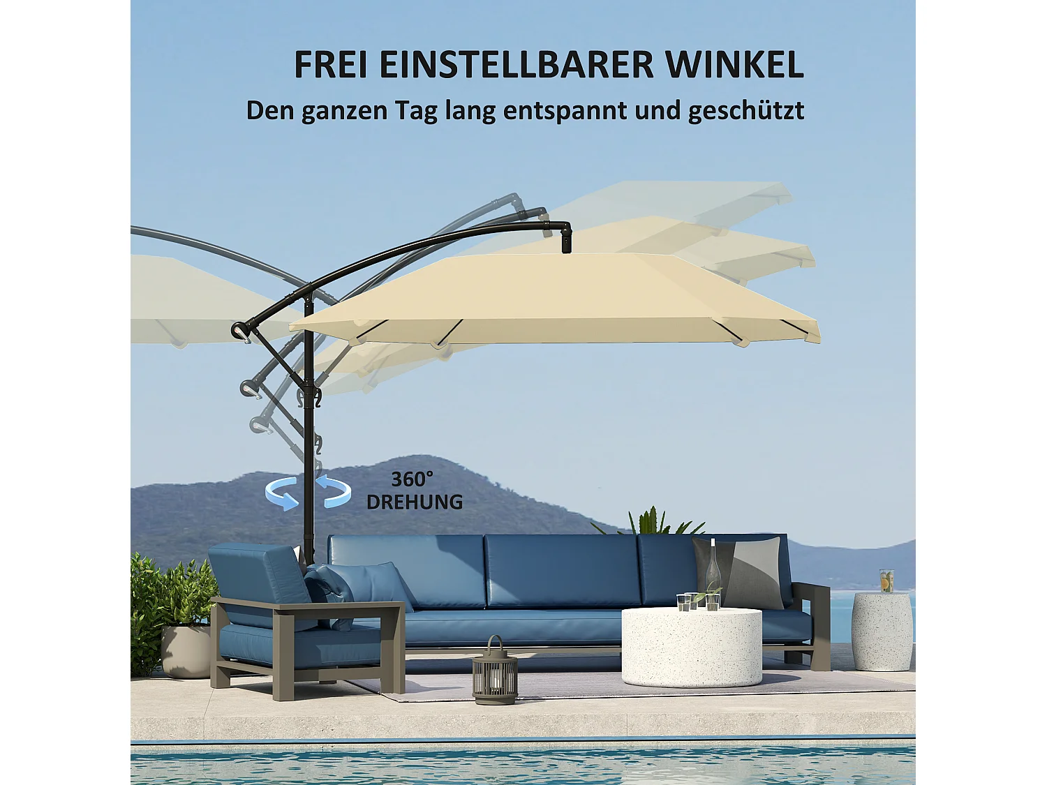 Sombrilla voladiza de aluminio de Ø 260 cm, impermeable, con manivela y base