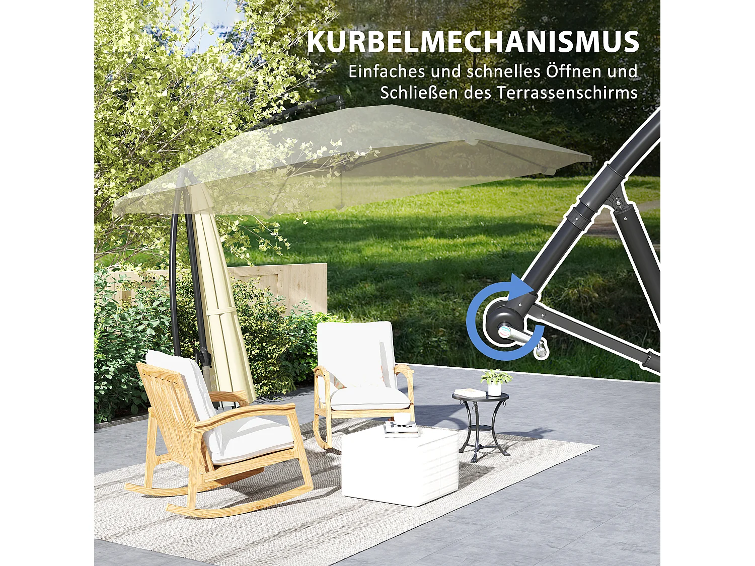 Sombrilla voladiza de aluminio de Ø 260 cm, impermeable, con manivela y base