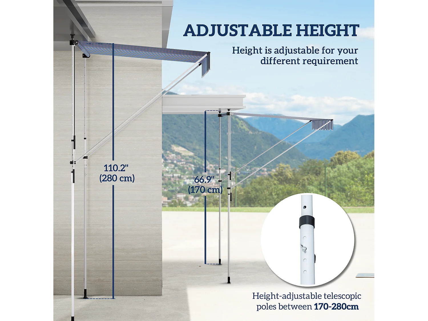 Knikarmzonnescherm, in hoogte verstelbaar, clipzonnescherm, 200 x 150 cm