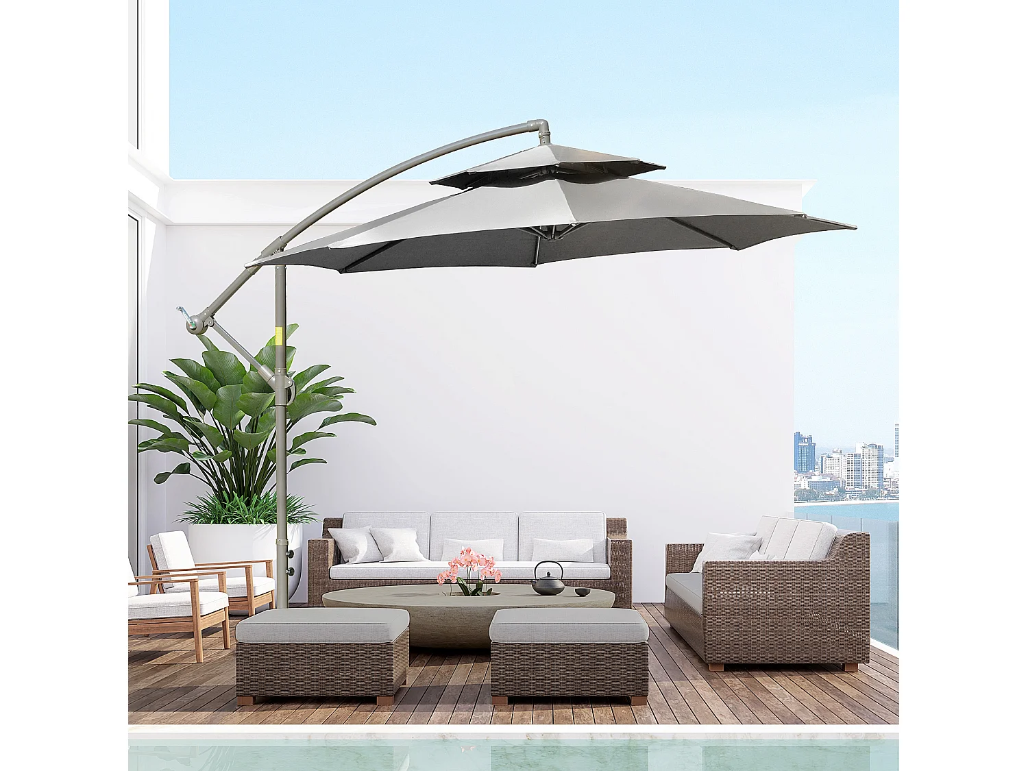 Parasol déporté Ø 2,67 x 2,45 m,double toile à manivelle,pied croisé,acier