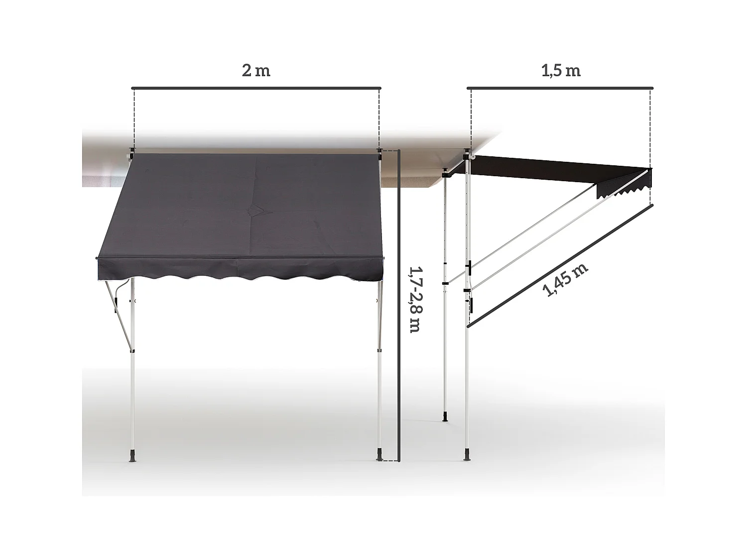 Zonnescherm met knikarmen, in hoogte verstelbaar clip-on zonnescherm, 200x150cm, grijs