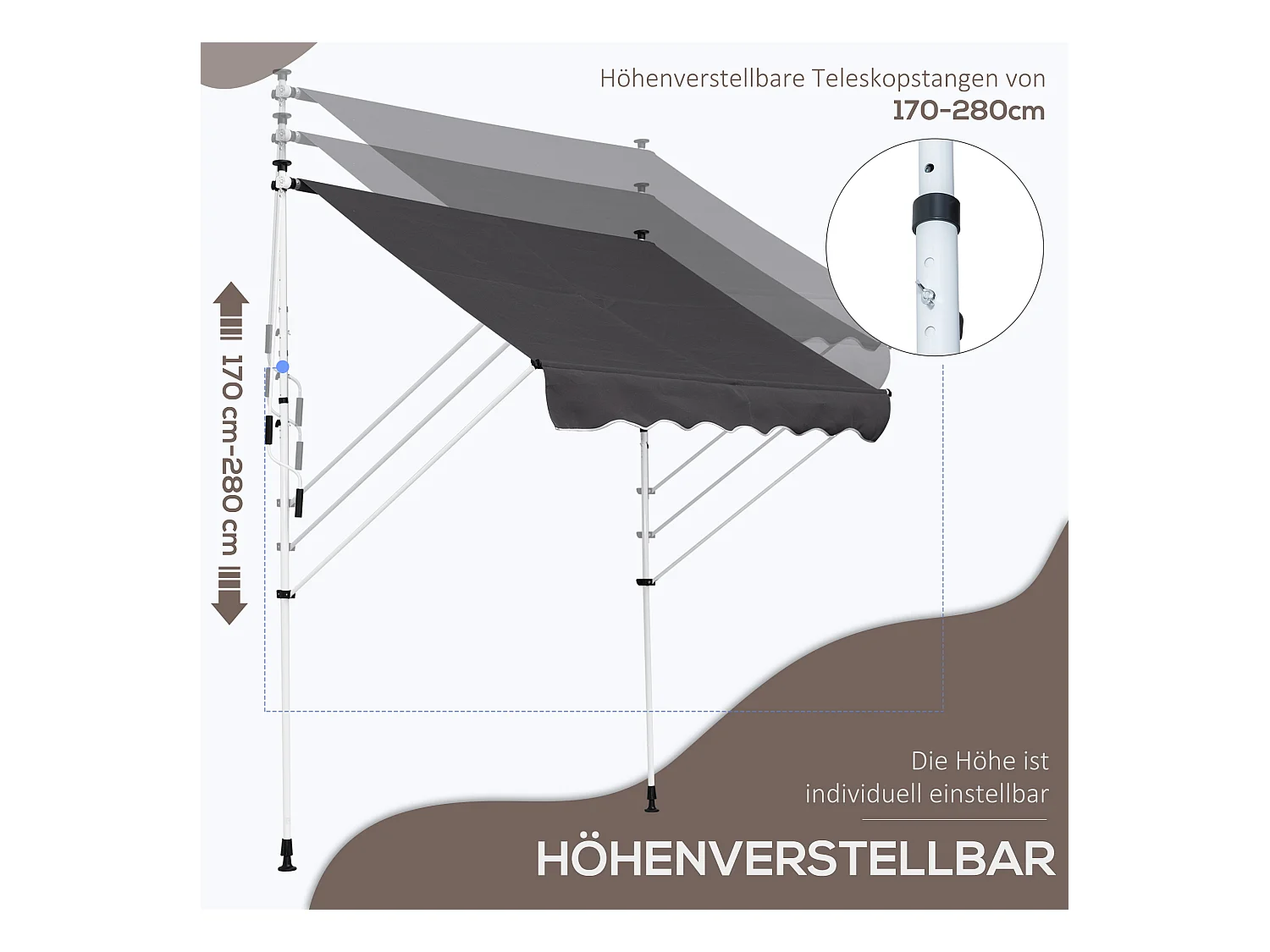 Zonnescherm met knikarmen, in hoogte verstelbaar clip-on zonnescherm, 200x150cm, grijs