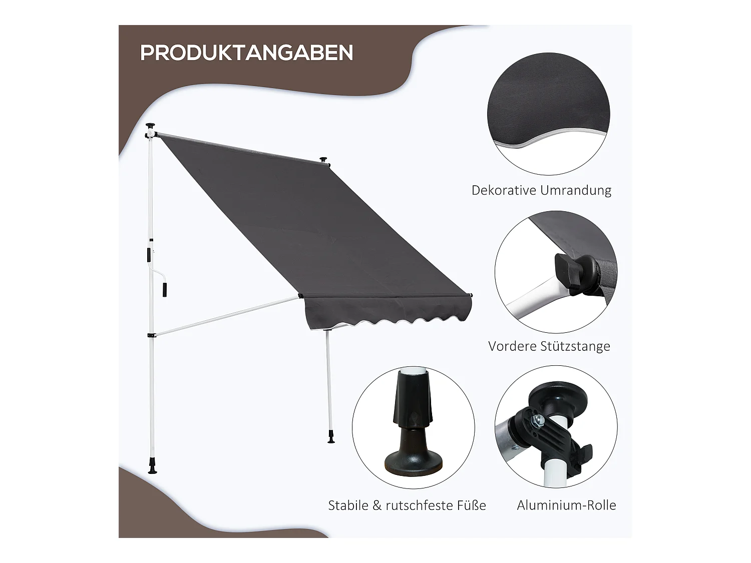 Zonnescherm met knikarmen, in hoogte verstelbaar clip-on zonnescherm, 200x150cm, grijs