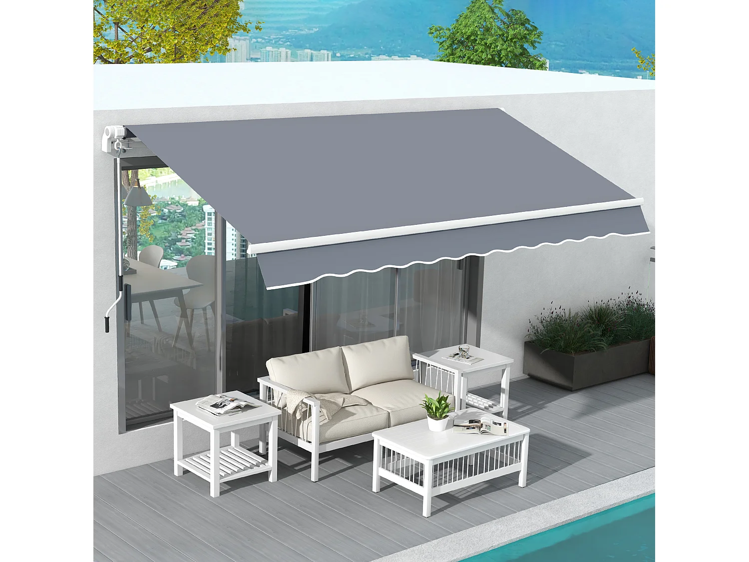 Auvent déporté à manivelle,L 395 x l 300 cm,réglable,fixation murale