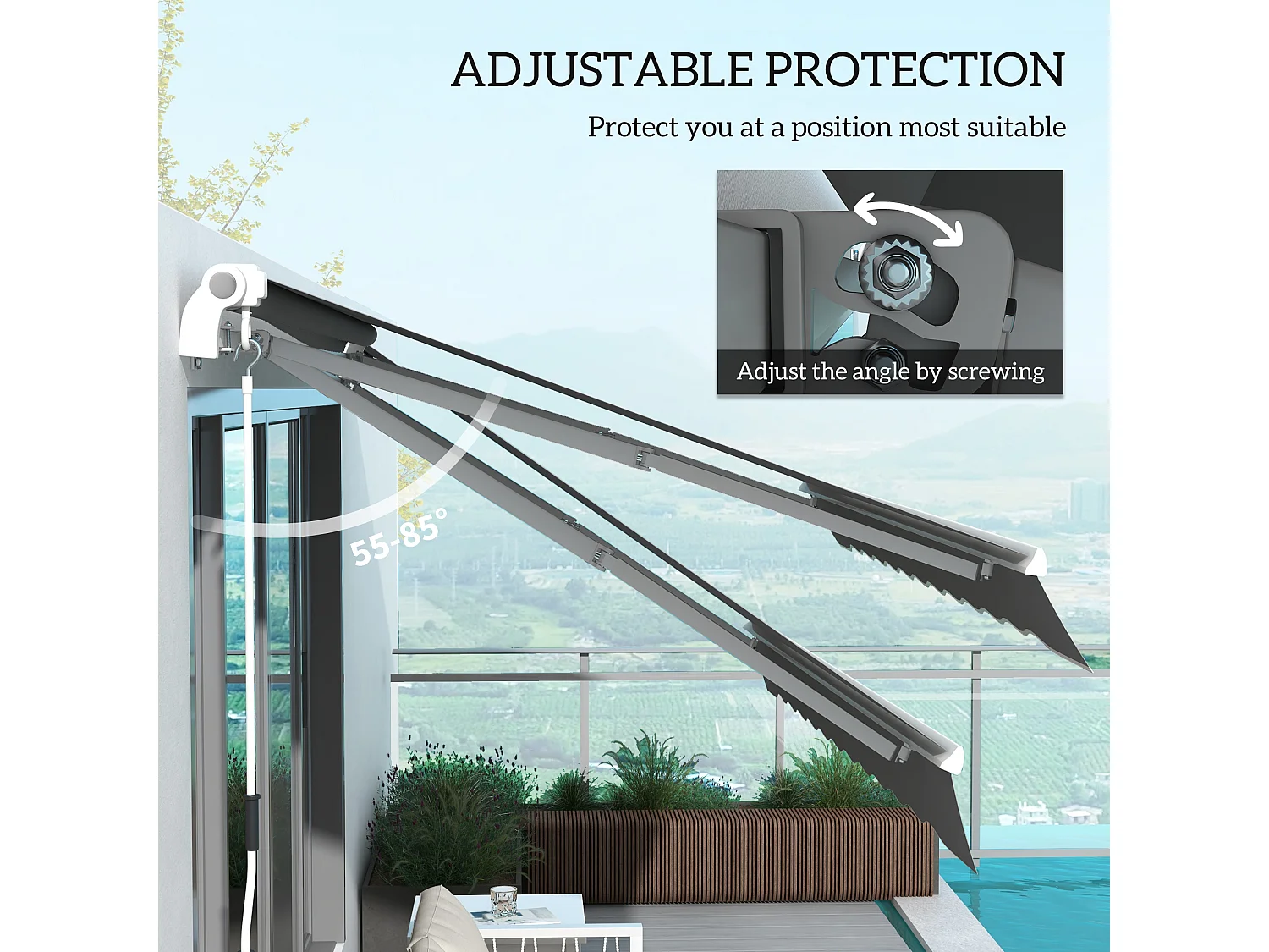 Auvent déporté à manivelle,L 395 x l 300 cm,réglable,fixation murale