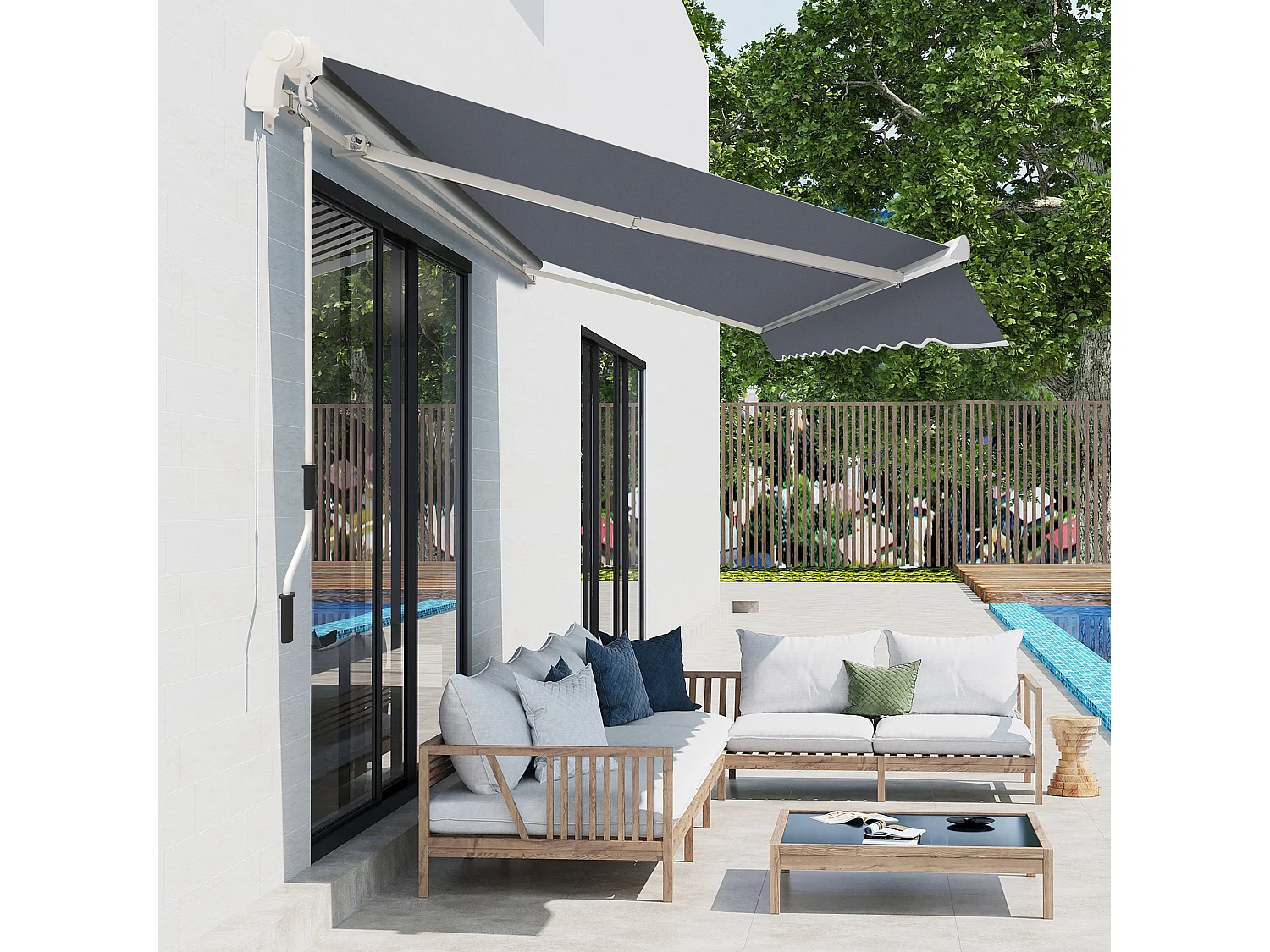 Auvent déporté à manivelle,L 395 x l 300 cm,réglable,fixation murale