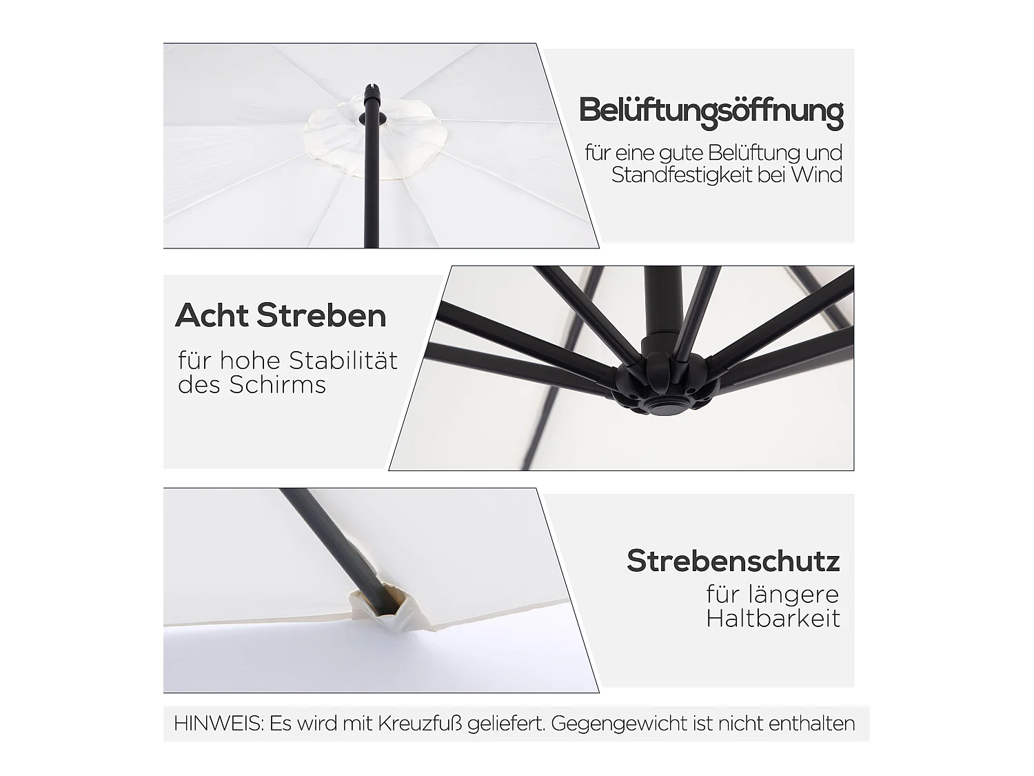 Zweefparasol met slinger, rond, 300 cm. Stalen palen en staanders, polyester doek