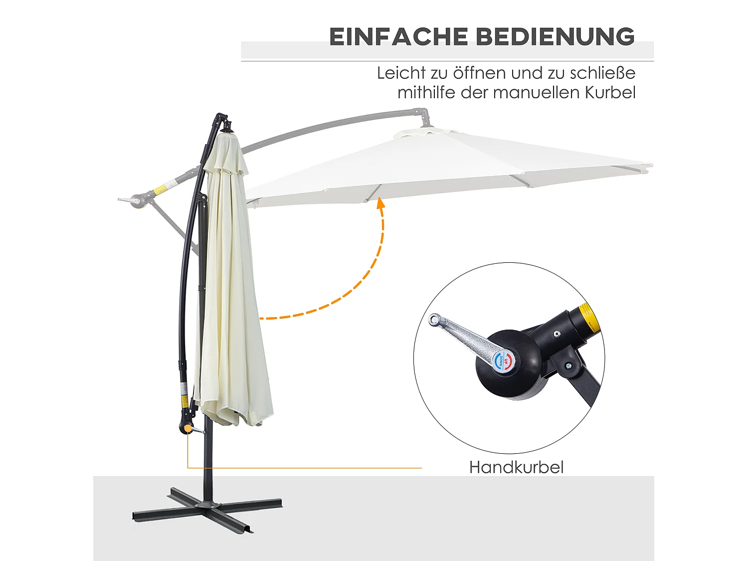 Zweefparasol met slinger, rond, 300 cm. Stalen palen en staanders, polyester doek