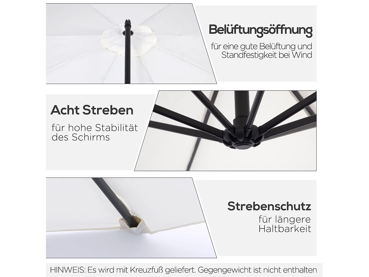 Zweefparasol met slinger, rond, 300 cm. Stalen palen en staanders, polyester doek