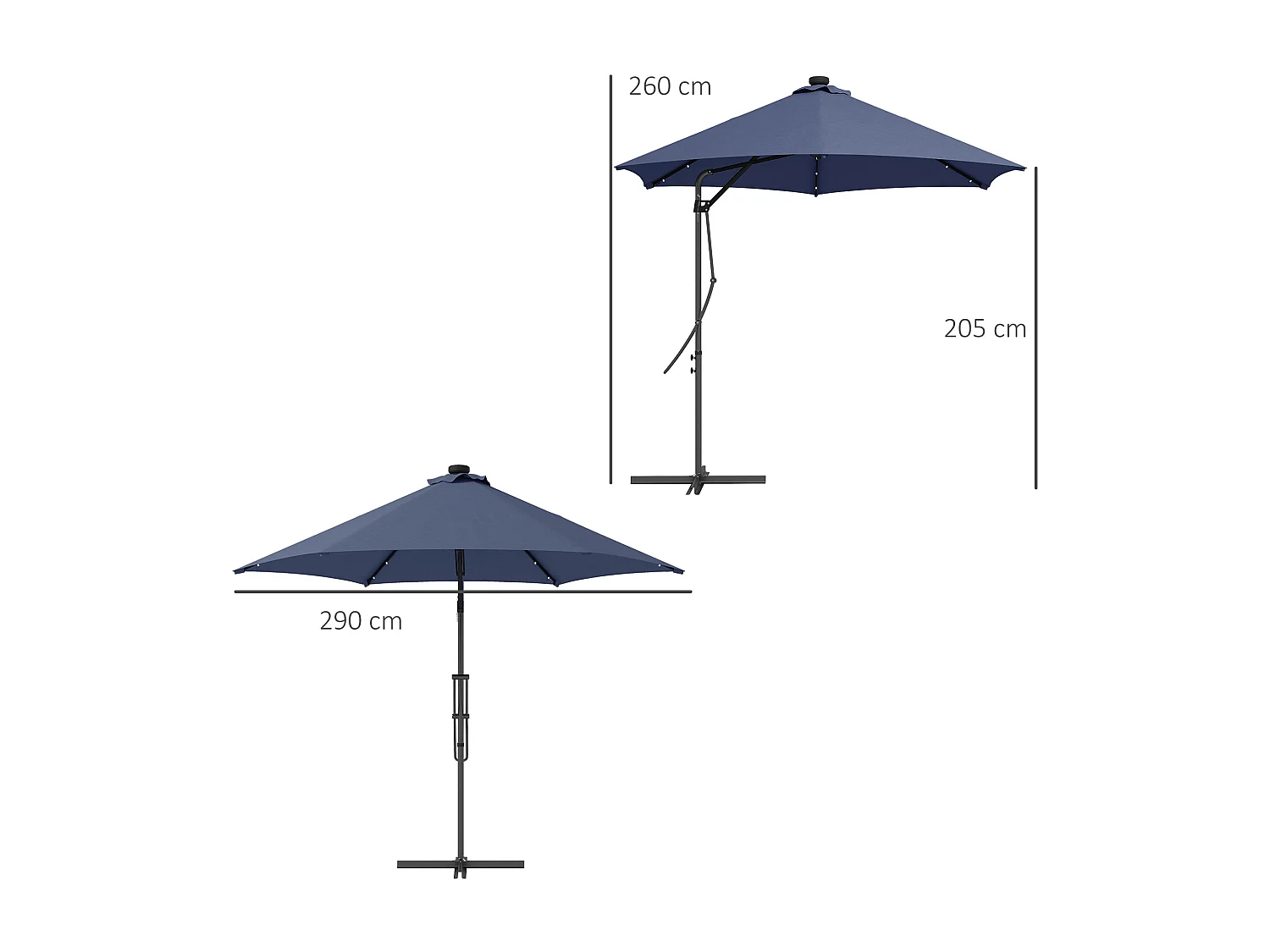 Solar zweefparasol met led, Ø 290 x 260 cm, met dwarsligger, 55-60 kg, uv-bescherming