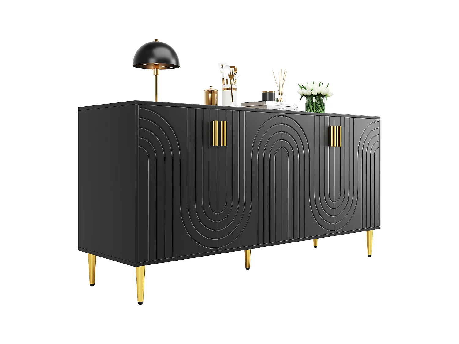 Buffet noir - Buffet à 4 portes et poignées dorées - pour salle à manger et salon