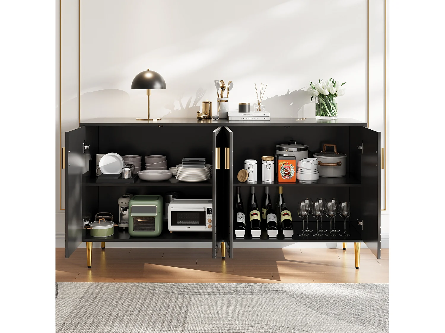 Schwarzes Sideboard - 4-türiges Sideboard mit goldenen Griffen - für Esszimmer und Wohnzimmer
