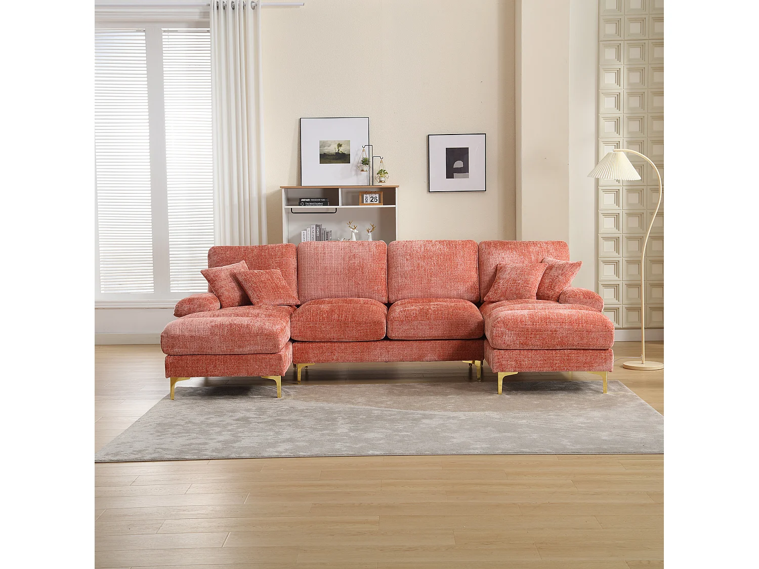 Sofá esquinero rosa - Sofá de 4 plazas con asientos y cojines - para salón y dormitorio