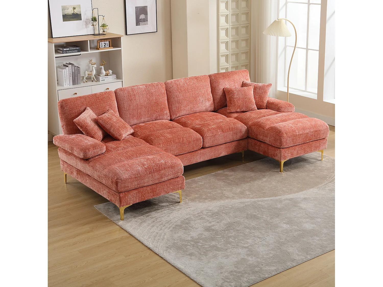 Sofá esquinero rosa - Sofá de 4 plazas con asientos y cojines - para salón y dormitorio