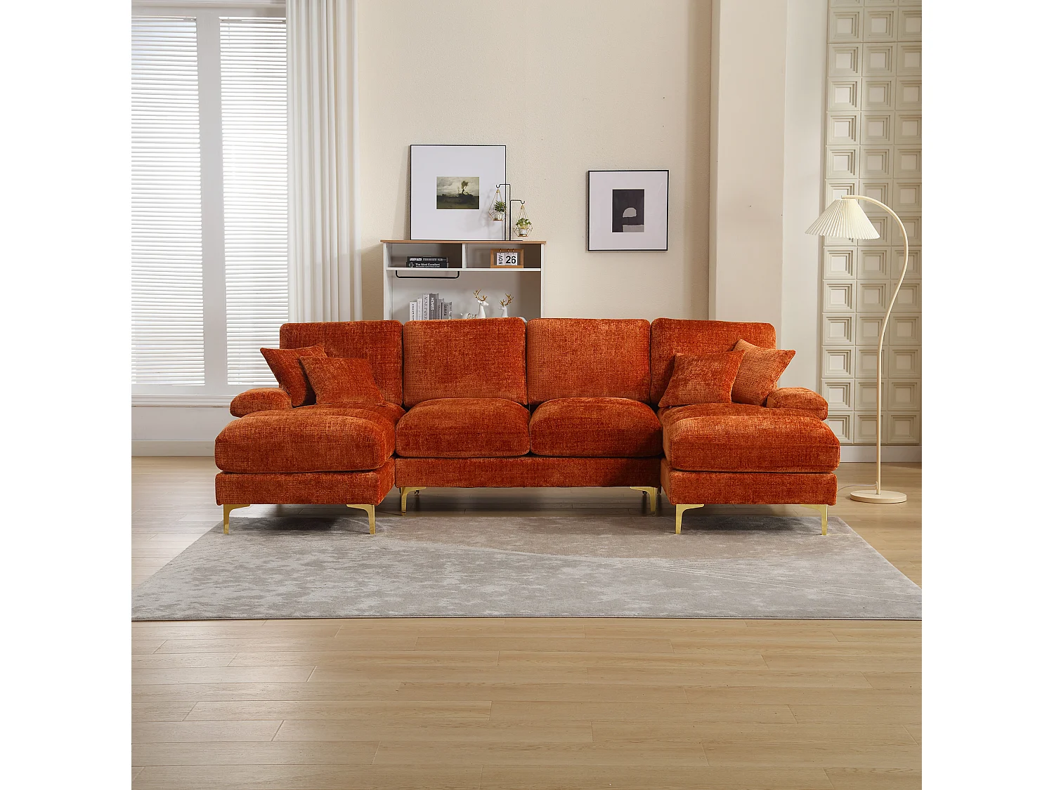 Sofá esquinero naranja - Sofá de 4 plazas con asientos y cojines - para salón y dormitorio