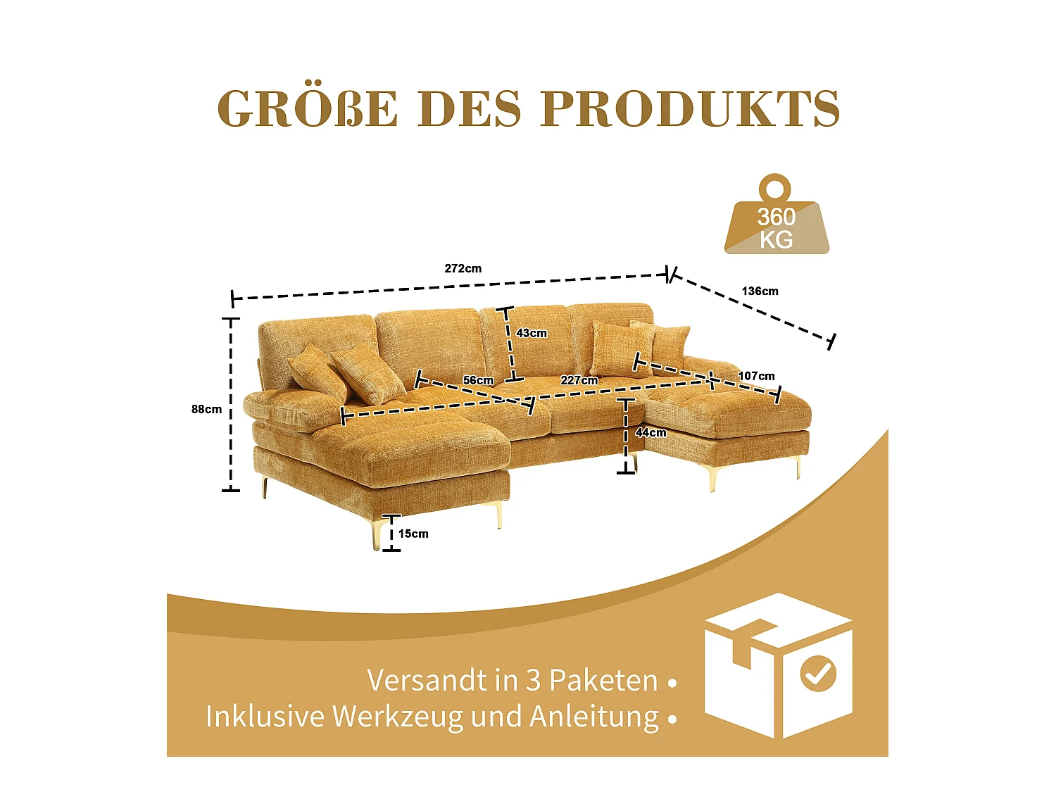 Canapé d'angle jaune - Canapé 4 places avec assises et coussins - pour salon et chambre