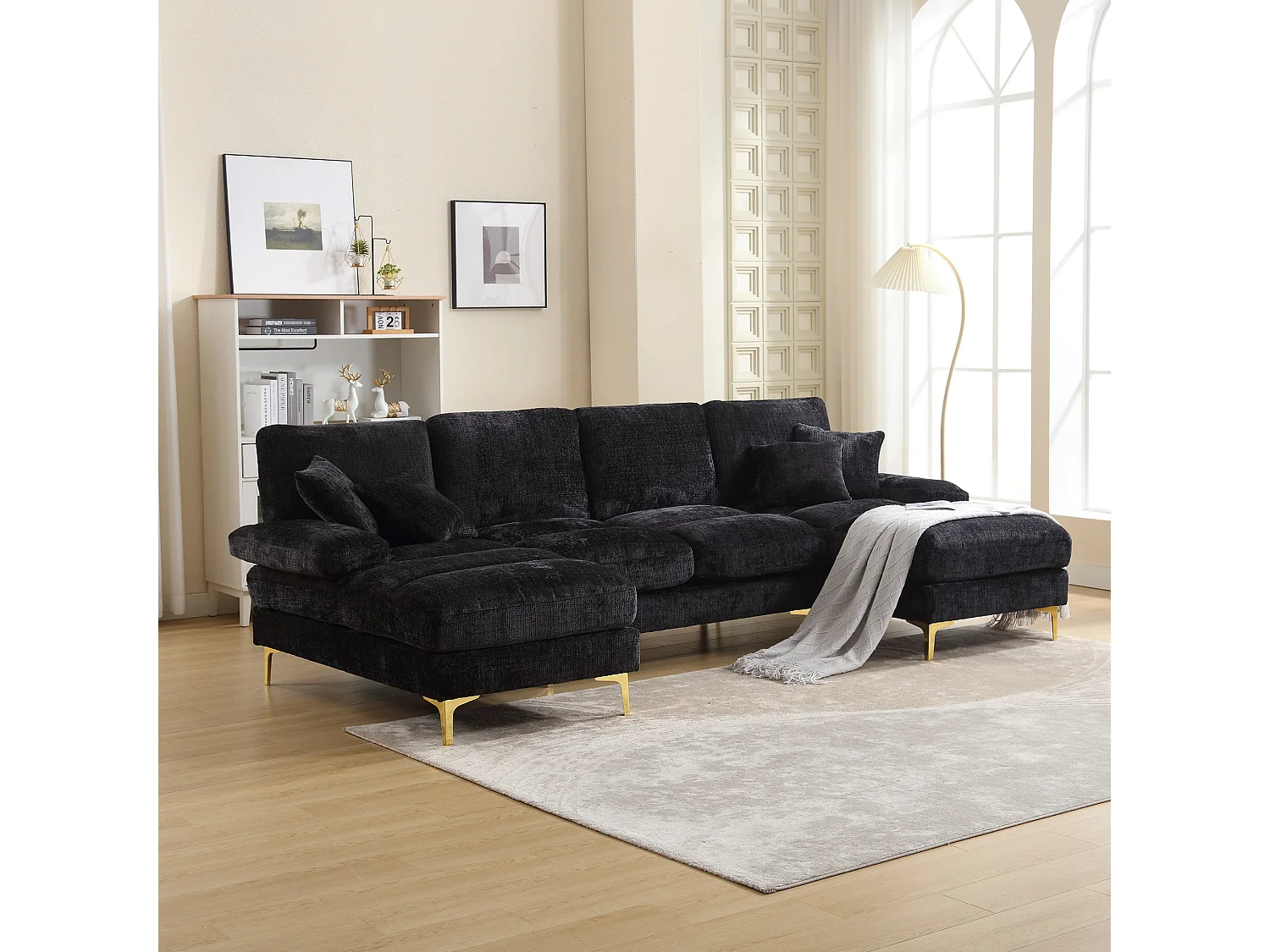 Canapé d'angle noir - Canapé 4 places avec assises et coussins - pour salon et chambre