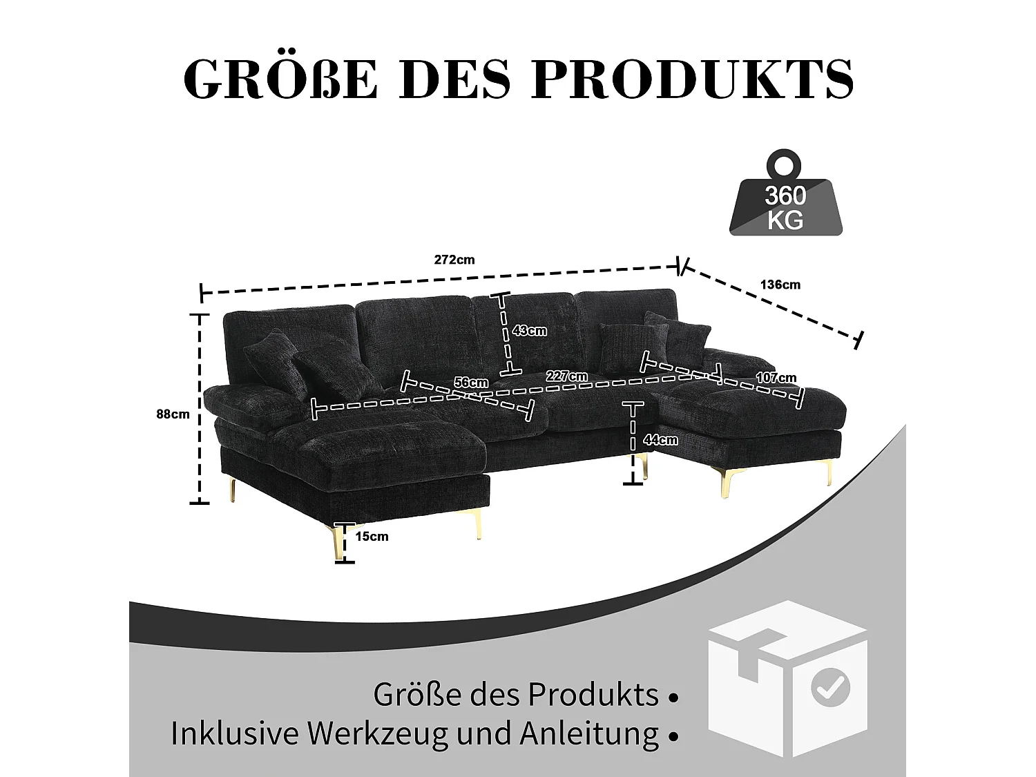 Canapé d'angle noir - Canapé 4 places avec assises et coussins - pour salon et chambre