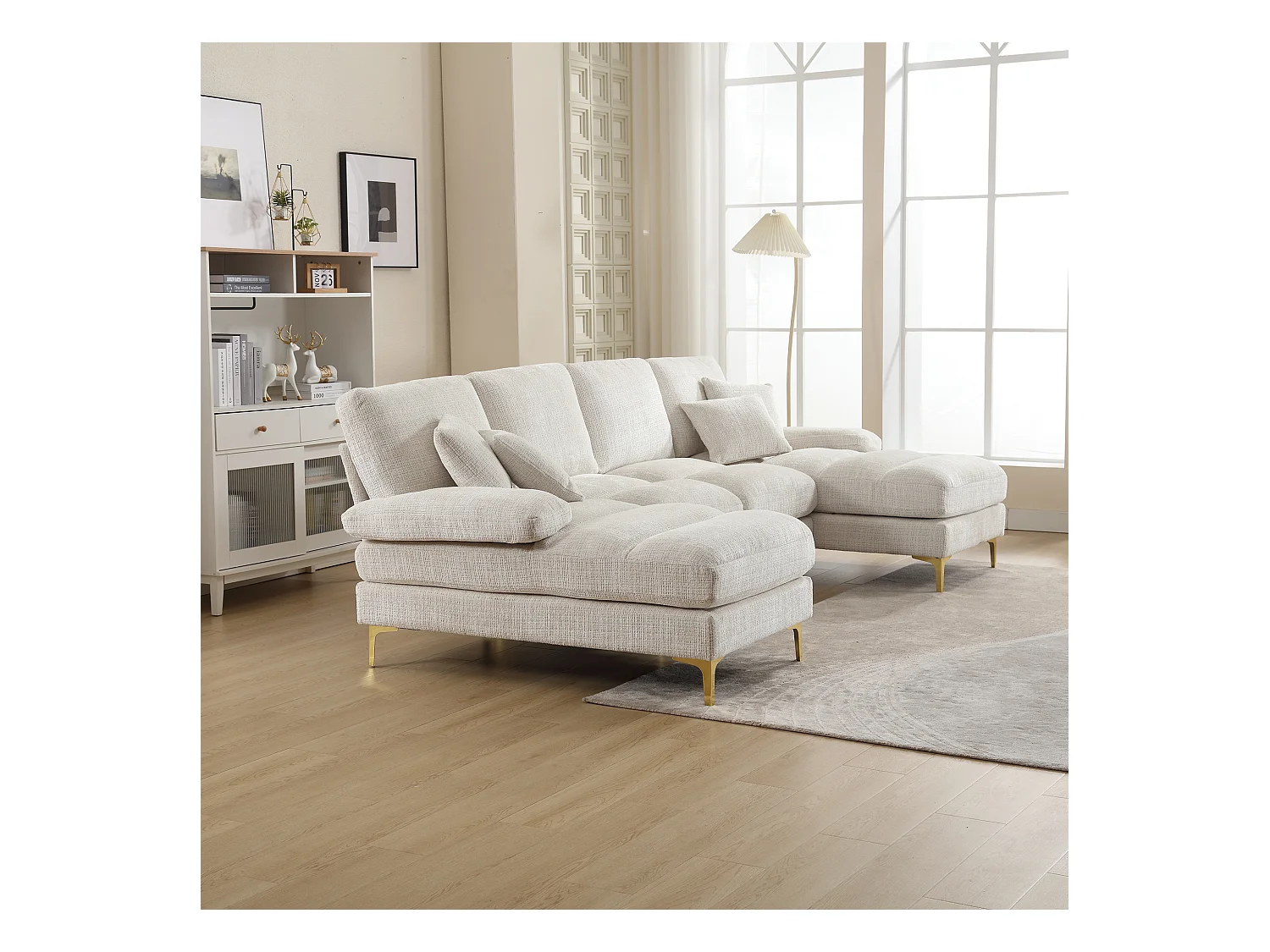 Canapé d'angle beige - Canapé 4 places avec assises et coussins - pour salon et chambre