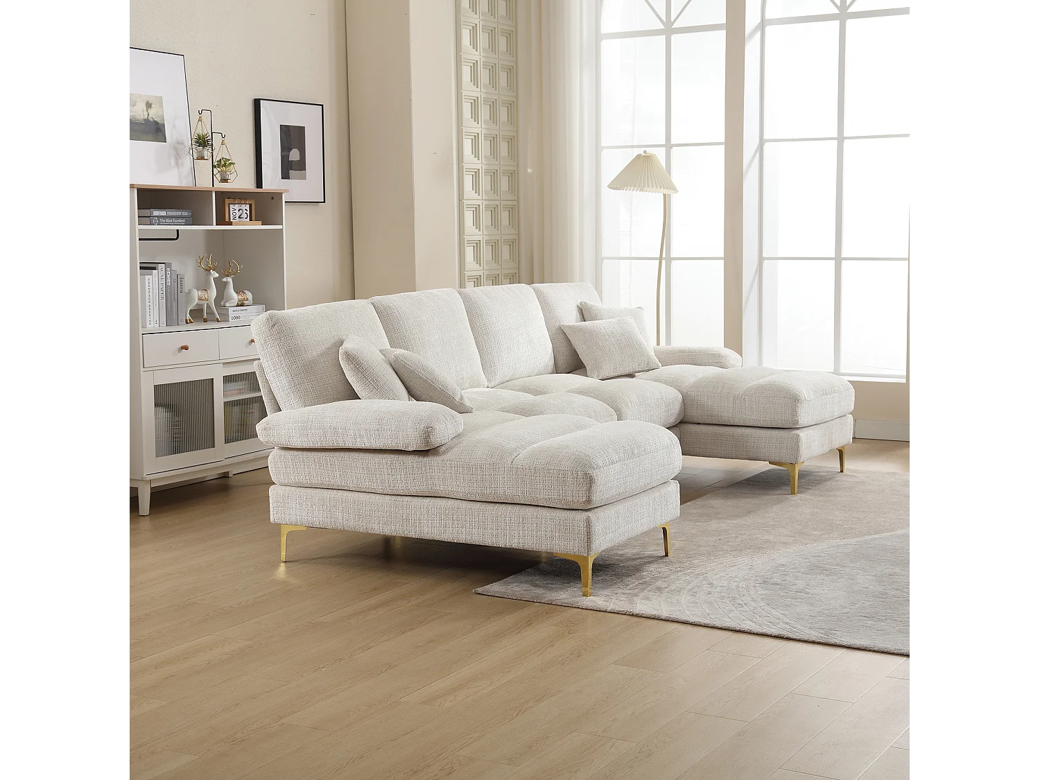 Sofá esquinero beige - Sofá de 4 plazas con asientos y cojines - para salón y dormitorio