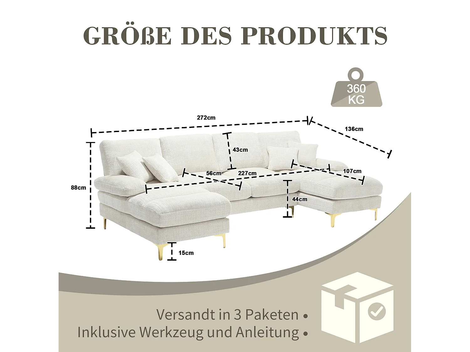 Sofá esquinero beige - Sofá de 4 plazas con asientos y cojines - para salón y dormitorio