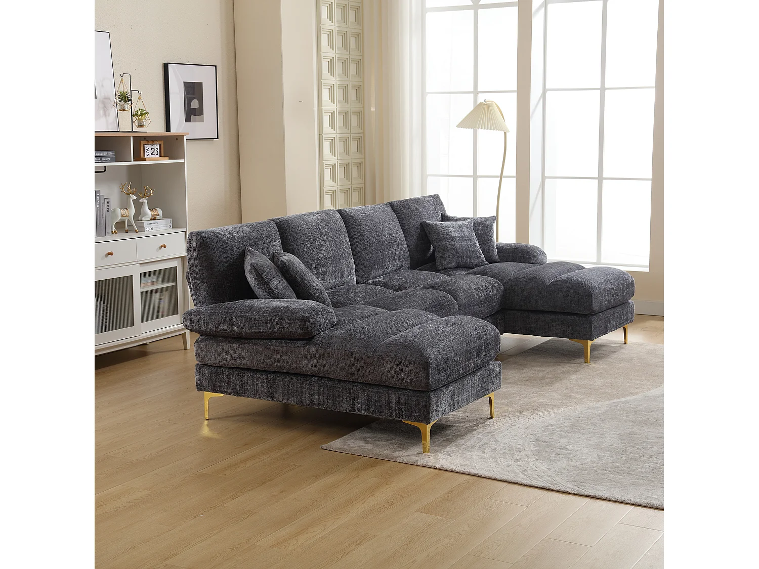 Graues Ecksofa - 4-Sitzer-Sofa mit Sitzen und Kissen - für wohnzimmer und schlafzimmer