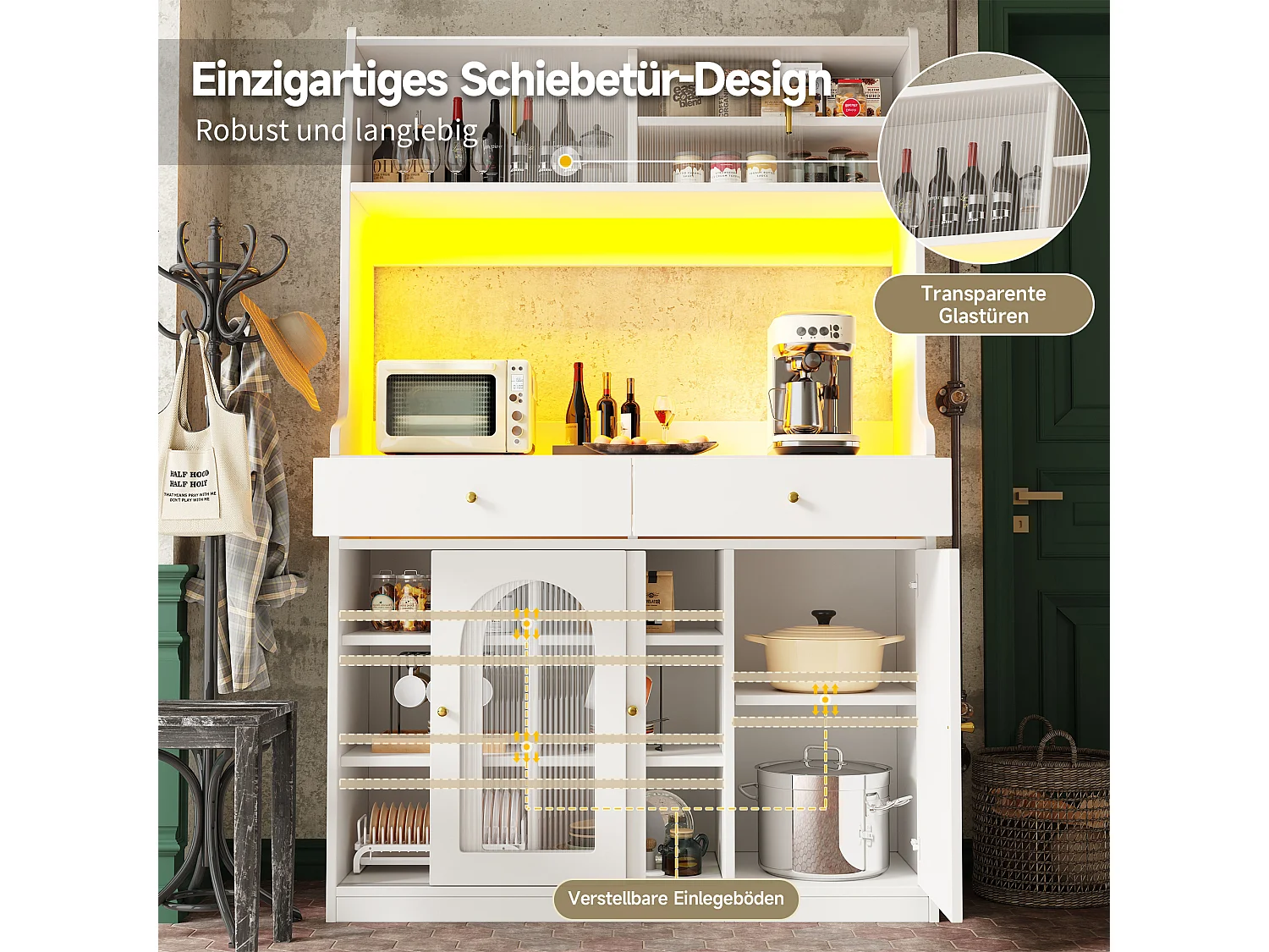 Buffet haut blanc - Buffet avec 2 tiroirs et 5 portes - étagères réglables et éclairage LED